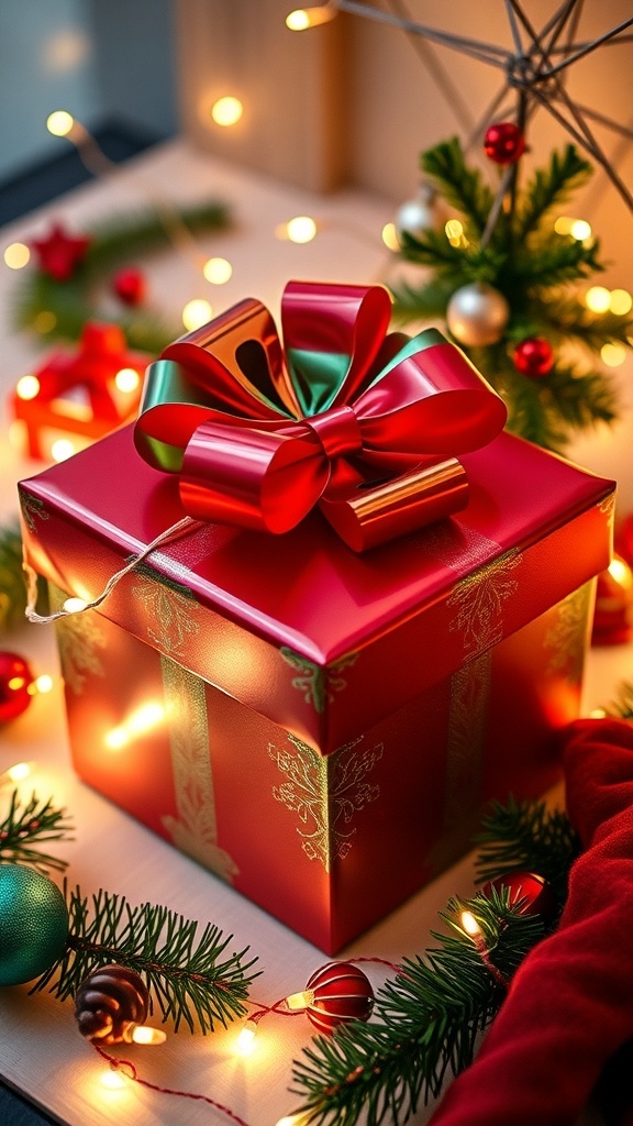 Thoughtful Christmas Gift Ideas for Your 21-Year-Old Boyfriend A festive Christmas gift box with decorations and a small tree in the background.